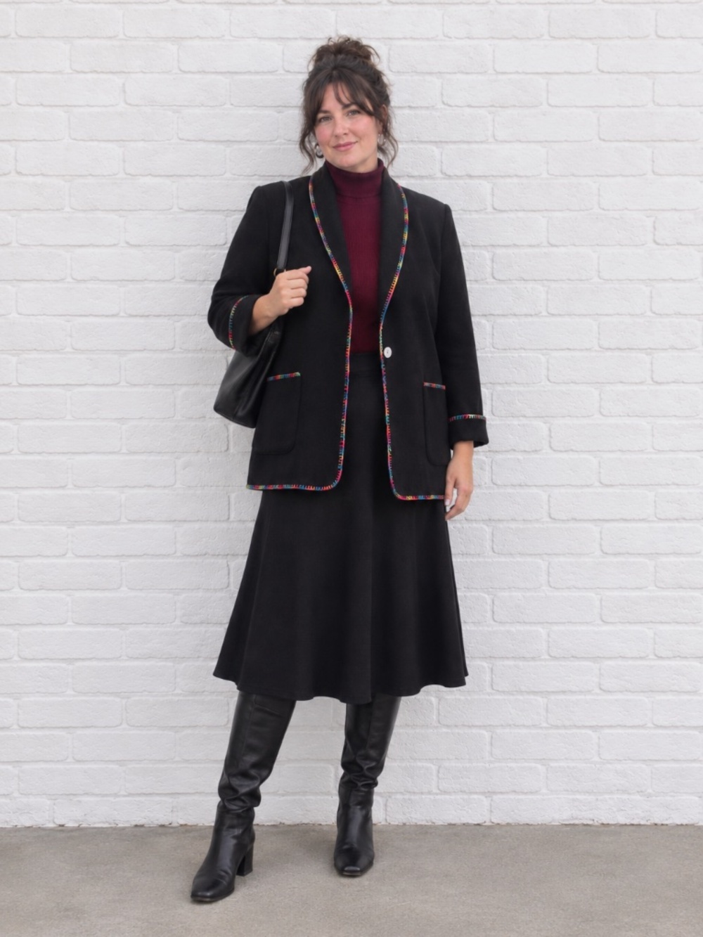 VTG Black Wool Blend Blanket Stitch Blazer Jacket Size 16